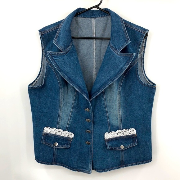 Jackets & Blazers - Denim Vest Button Down with Lace Accents Over Faux Pockets Size XL